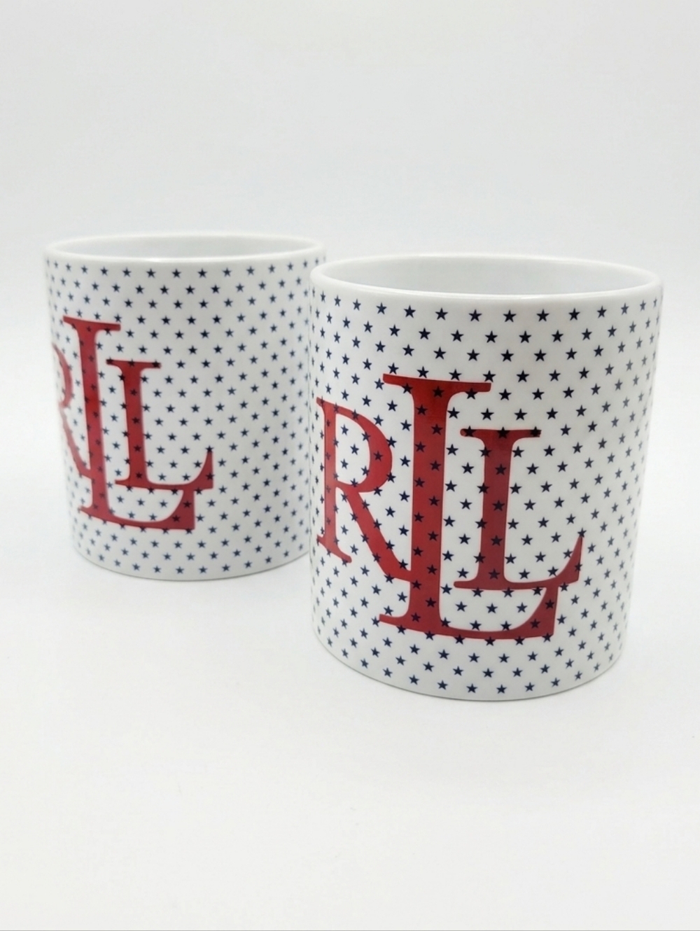 2 Vintage RALPH LAUREN Monogram Stars Ceramic Coffee Mug Red White Blue 14Oz
